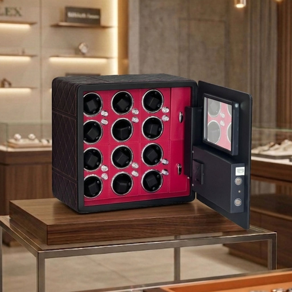 EH-41412 Safe Tempered Glass LCD Digital Fingerprint Combination Lock Black Red Leather Watch Winder Deposit Safe Box
