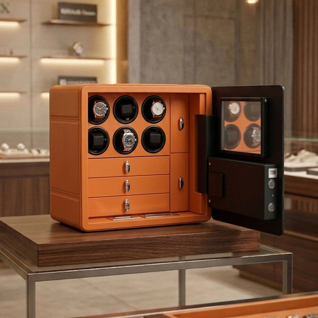 EH-4146 High-End Fiber Leather Armored Glass Digital Fingerprint Lock 9 Rotates Watch Winder Safes Deposit Box