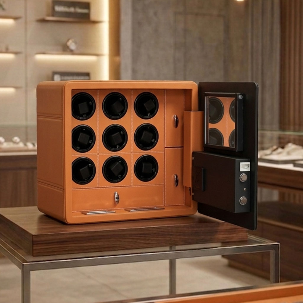 EH-4149 High-End Fiber Leather Armored Glass Digital Fingerprint Lock 9 Rotates Watch Winder Safes Deposit Box